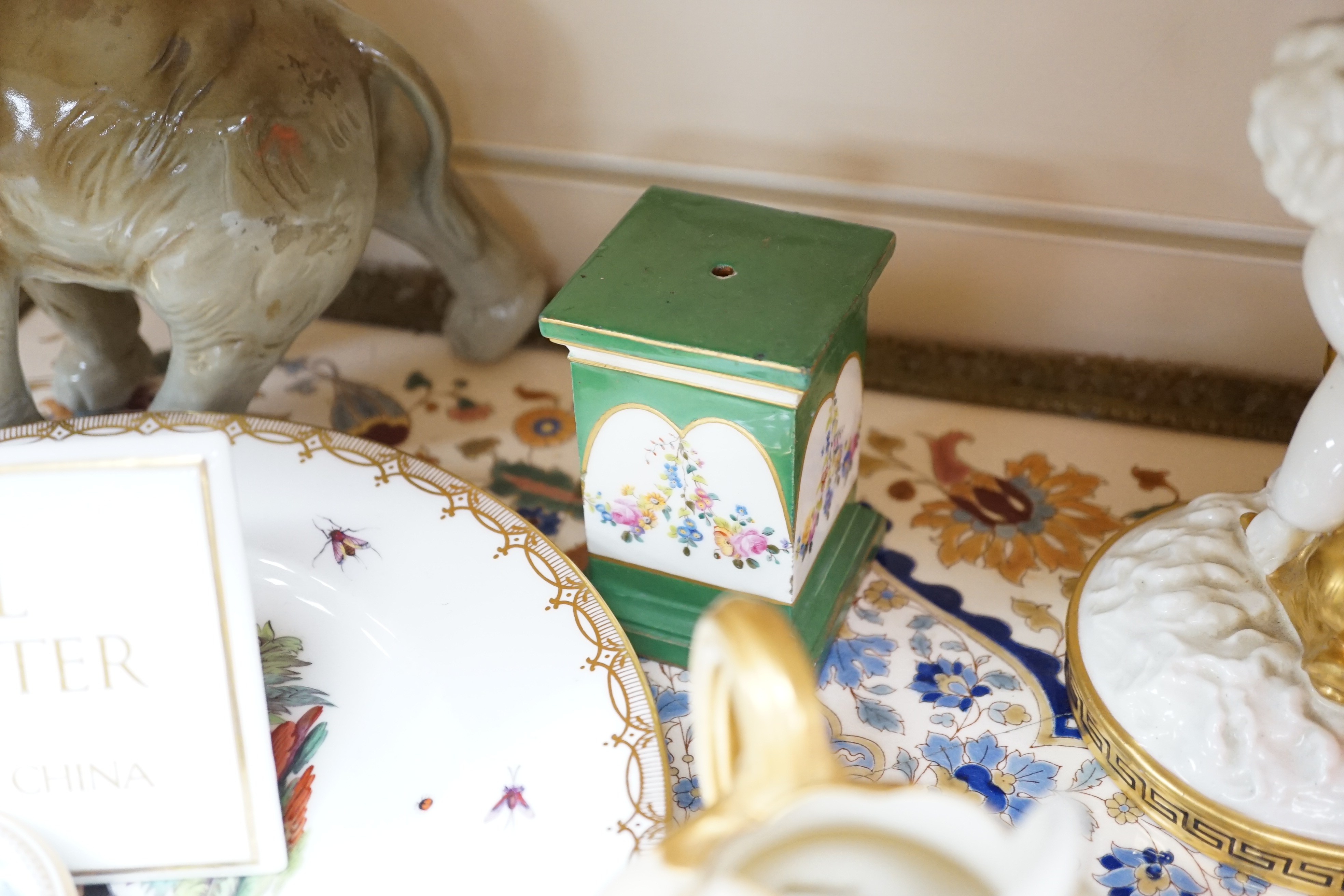 An Austrian Zsolnay type tray together with mixed English and Continental china including Royal Worcester vase, KPM figures and Moore centrepiece, largest 63cm wide